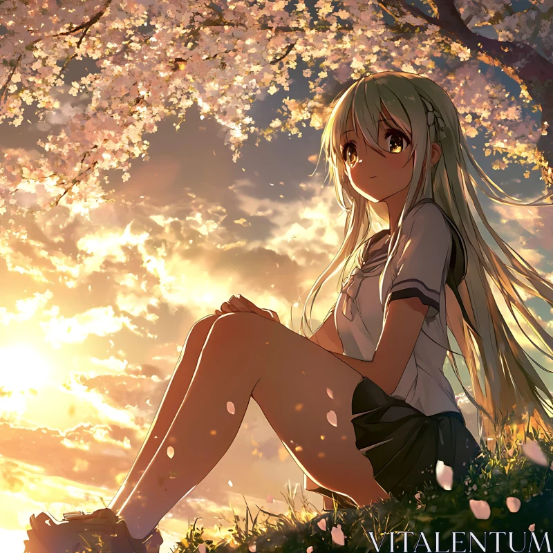 Serene Anime Scene with Cherry Blossoms AI Image