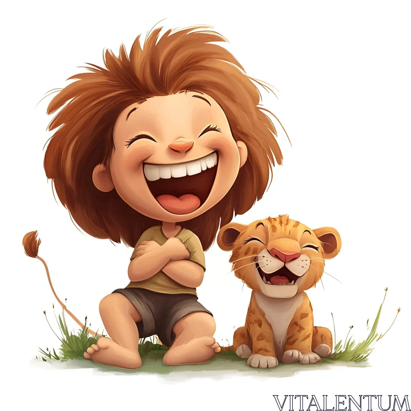 Cartoon of Smiling Child with Lion Cub AI Image