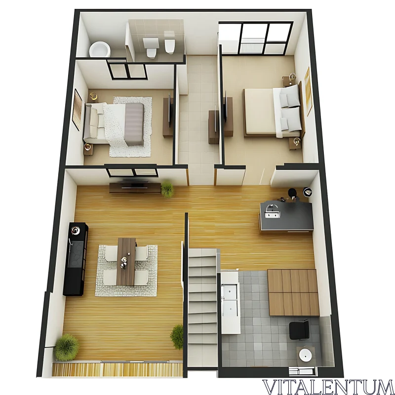 AI ART 3D Apartment Layout - Two Bedrooms, Living Room, Kitchen, and Bathroom