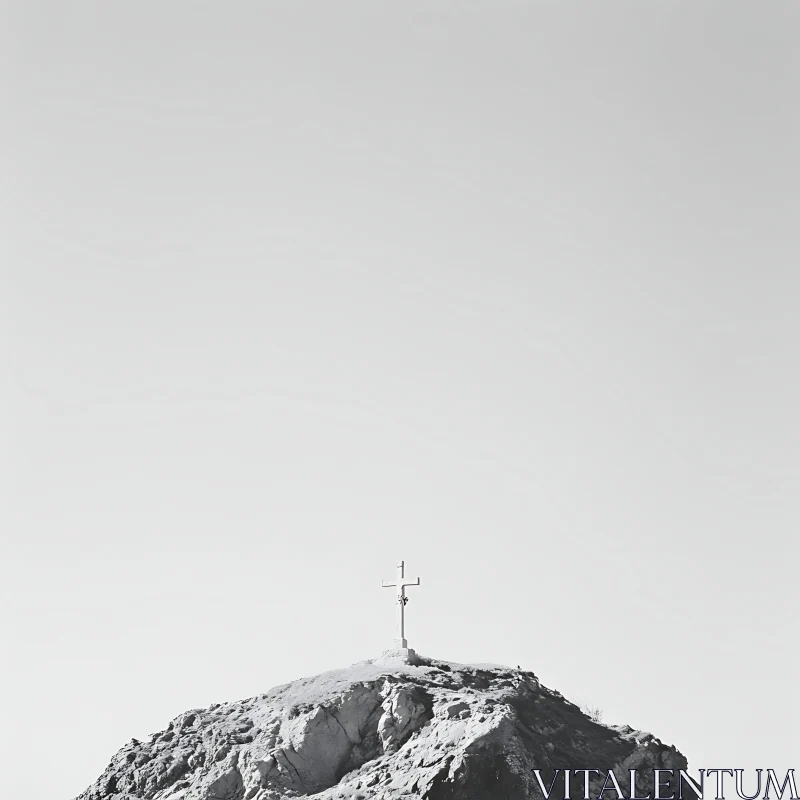 Monochrome Cross on Mountain Top AI Image