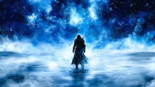Blue Celestial Journey of a Lone Figure