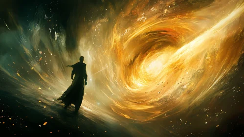 Silhouette at the Edge of a Golden Portal