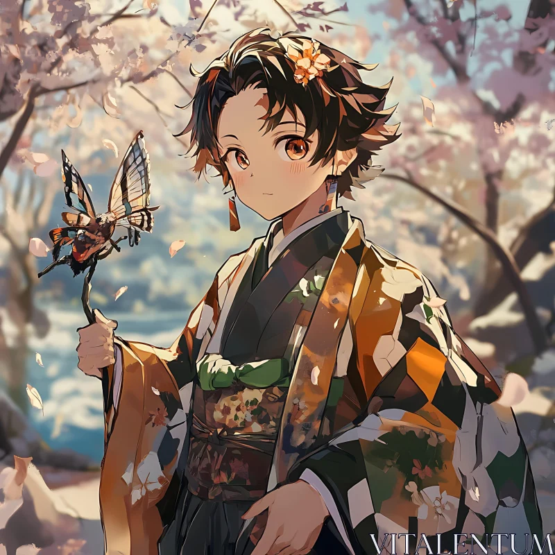 Serene Anime Portrait with Butterfly and Cherry Blossoms AI Image