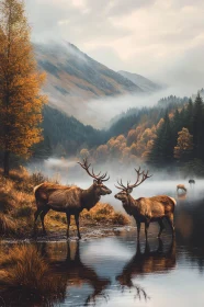 Autumn Scene with Deer and Misty Mountains