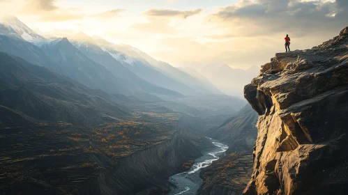 Cliffside Hiker Overlooking Mountain Valley