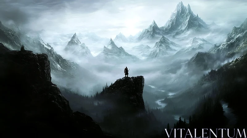 Lone Figure Overlooking Mountain Range AI Image