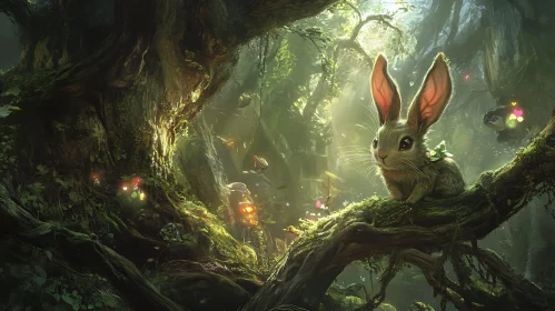 Whimsical Rabbit in Green Forest