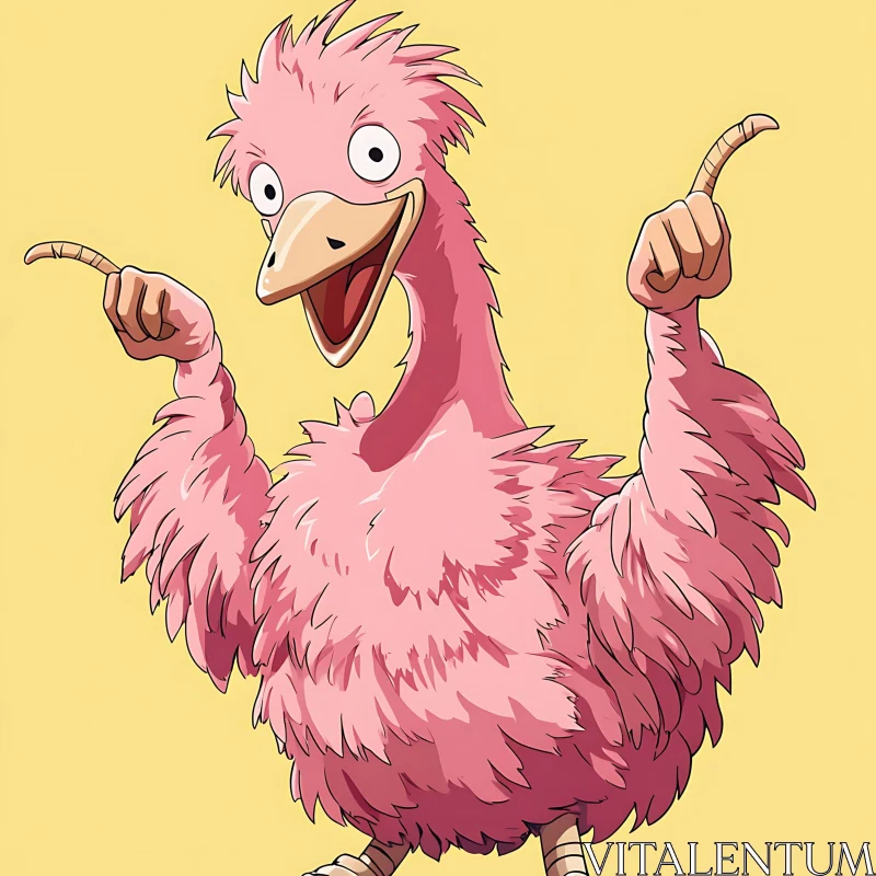 Humorous Pink Feathery Cartoon Bird AI Image