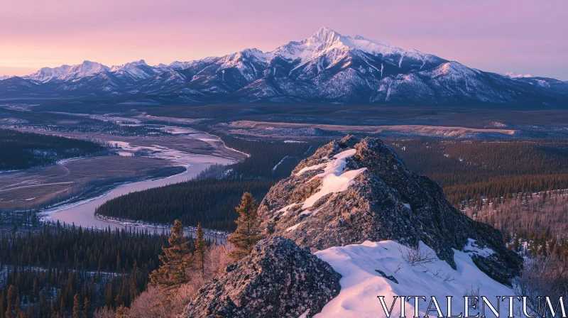 AI ART Majestic Snow-Covered Mountain Range in Sunset Light