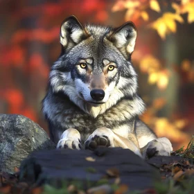 Gray Wolf in Fall Foliage