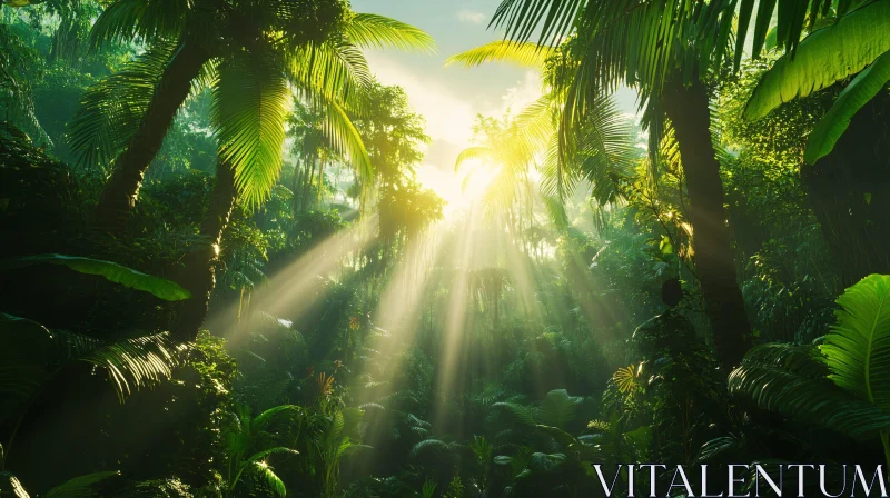 AI ART Sunlight Filtering Through Dense Tropical Forest