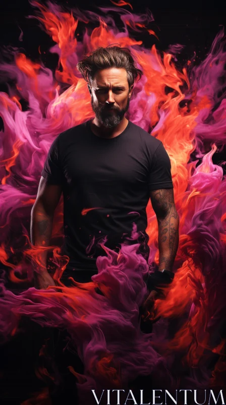 Abstract Colorist Image of Tattooed Man with Fire AI Image