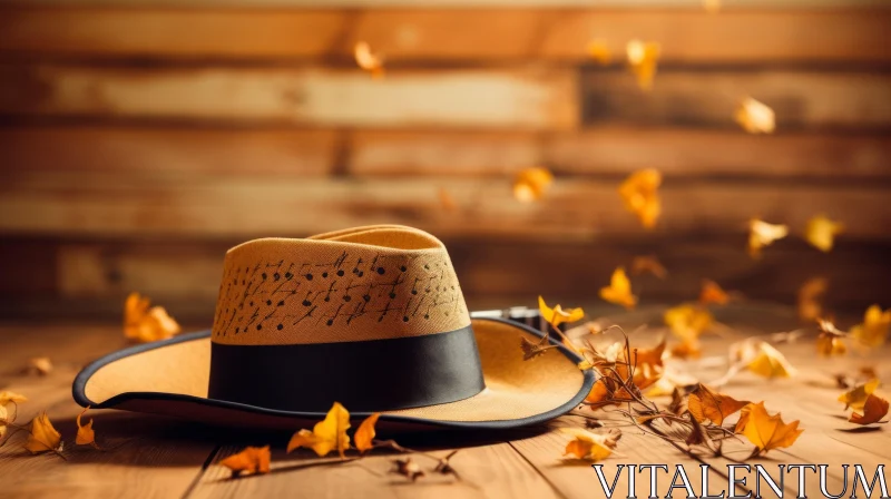 Captivating Cowboy Hat on Wood Table by Autumn Leaves | Poetcore Troubadour Style AI Image