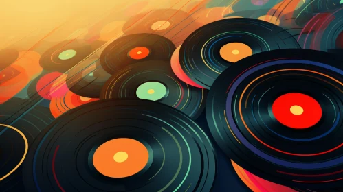Colorful Vinyl Records in Richly Colored Sky Illustration