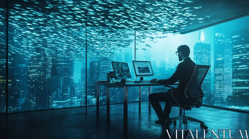 Surreal Office with Underwater View AI Image