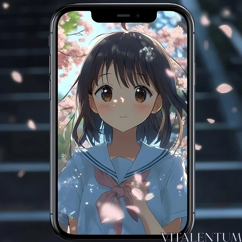 Girl in School Uniform Amidst Sakura Blossoms AI Image