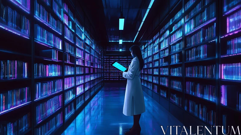 Woman with Tablet in Neon Library AI Image