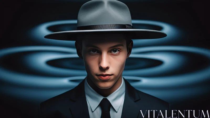 Hyper-realistic Sci-Fi Art: Man in Suit and Hat against Blue Swirling Background AI Image