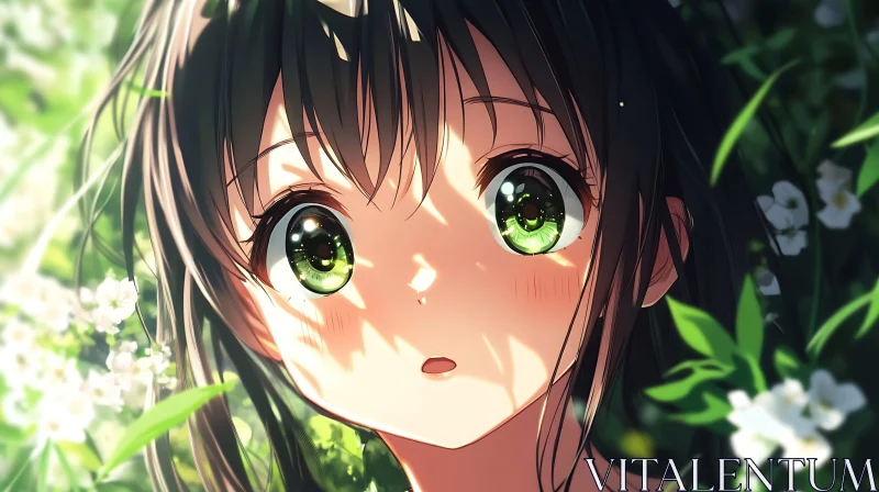 Anime Girl with Green Eyes in Sunlit Nature AI Image