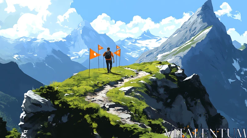 AI ART Hiker on Mountain Ridge with Flags