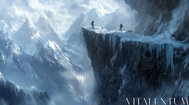 Mountain Climbers on a Snowy Cliff Edge AI Image