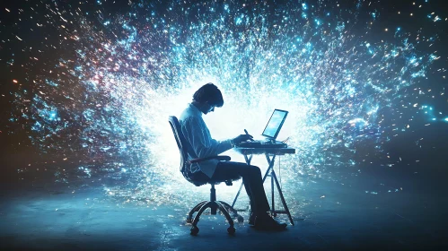 Silhouette Coder with Blue Light Burst