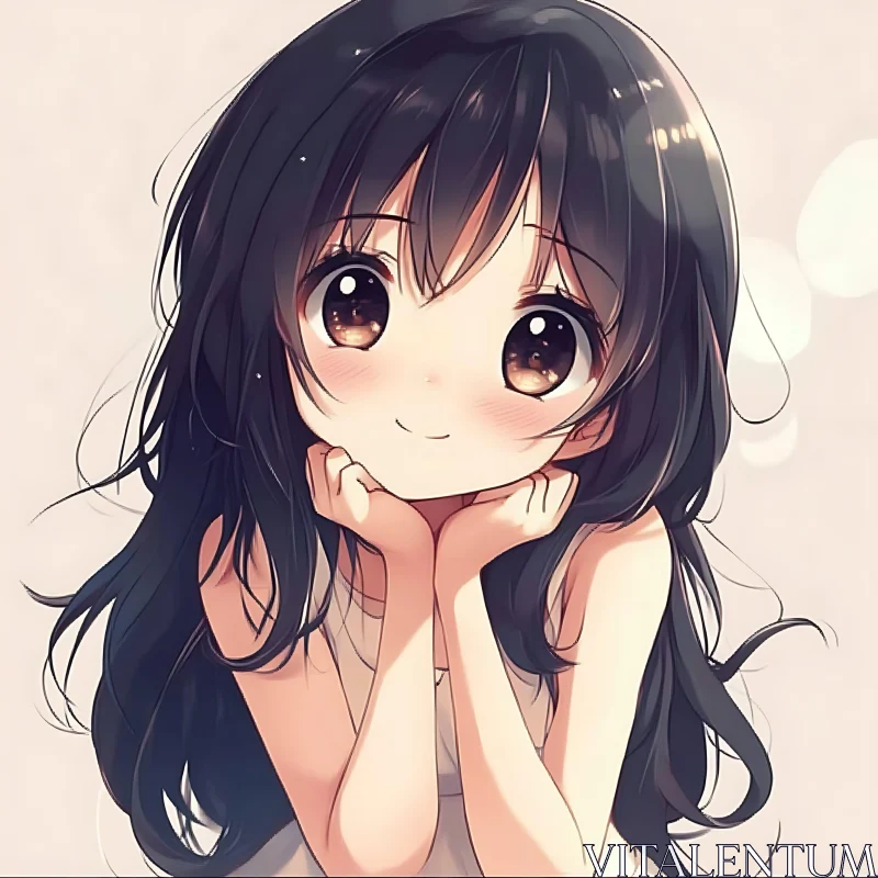 Innocent Anime Girl with Long Dark Hair AI Image