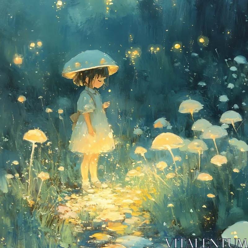 Mystical Scene with Glowing Mushrooms and Illuminated Girl AI Image