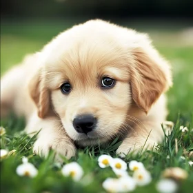 Golden Puppy with Innocent Eyes on Green Grass