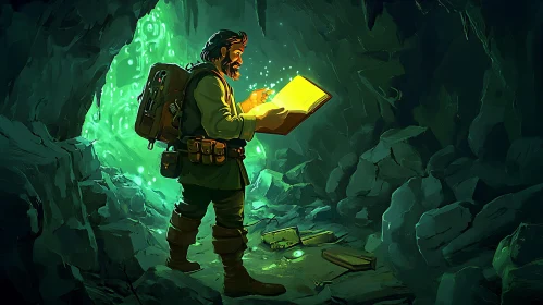 Man Reads Book in Green Cave