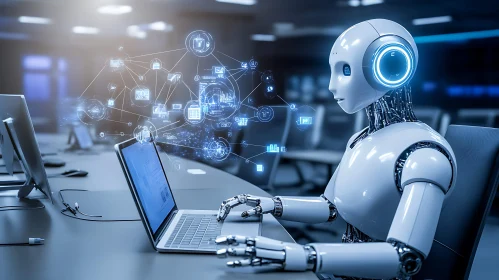 AI Robot Working on Computer