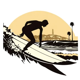 Coastal Surfing Scene with City View