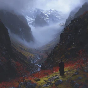 Lone Figure in Misty Mountain Valley