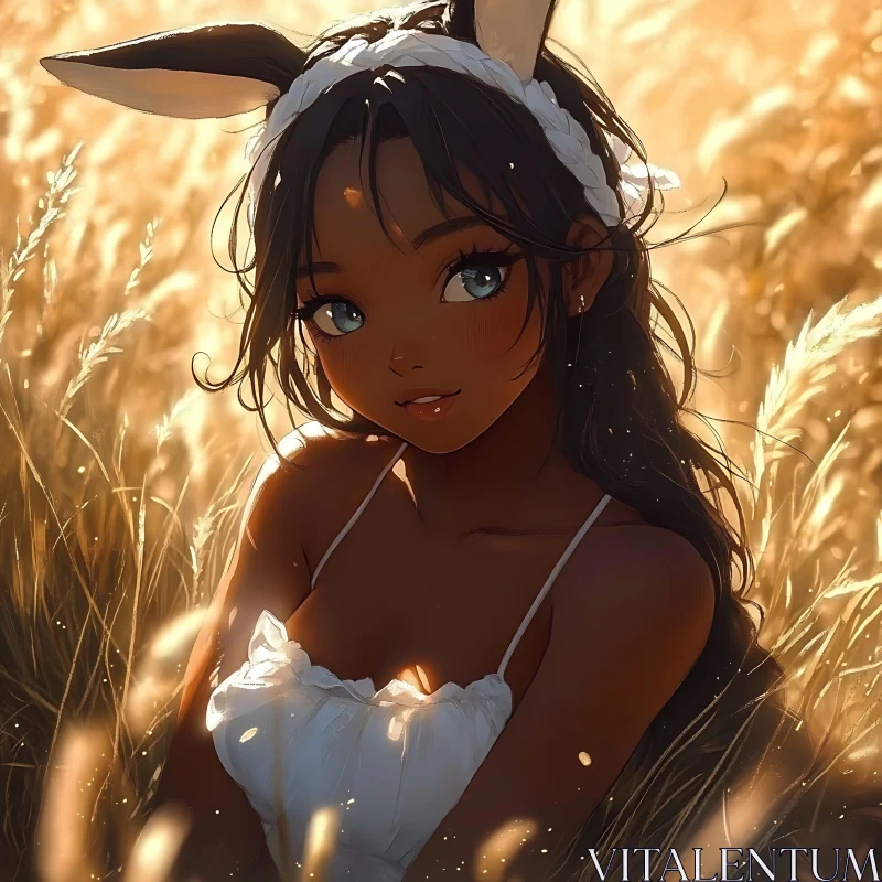 Anime Girl with Bunny Ears in Golden Field AI Image