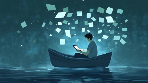 Man in Boat with Tablet and Papers