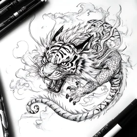 Monochrome Tiger-Dragon Hybrid Artwork