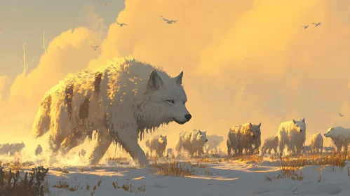 White Wolves in Snowy Field