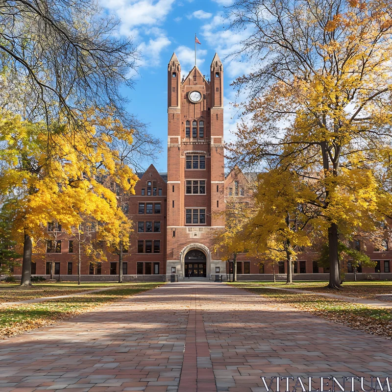 Majestic Red-Brick Campus Building in Autumn AI Image