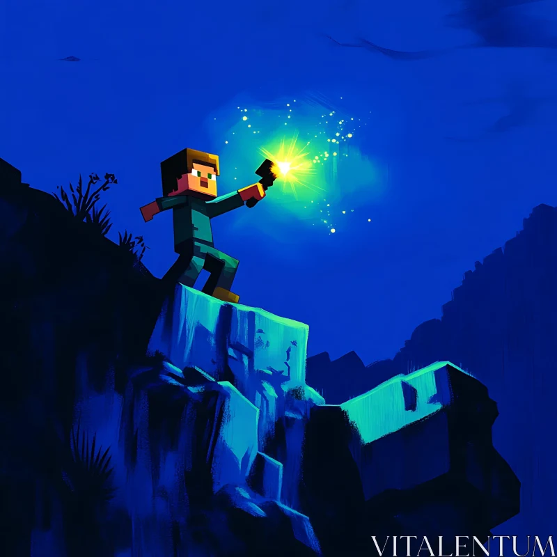 Pixelated Adventurer with Torch on Cliff AI Image