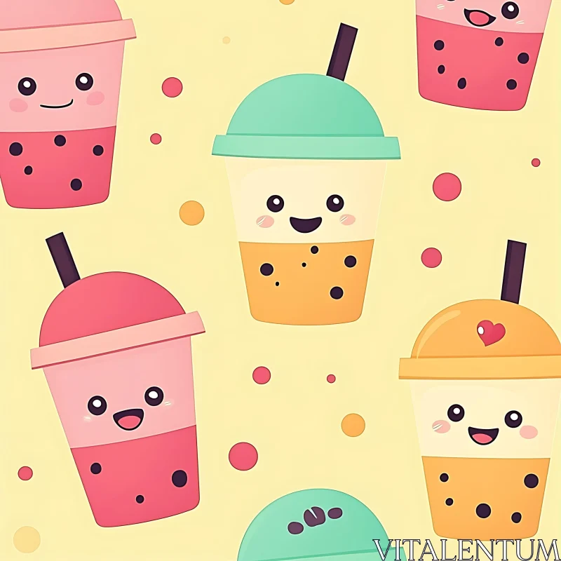 Kawaii Bubble Tea Cups Art AI Image