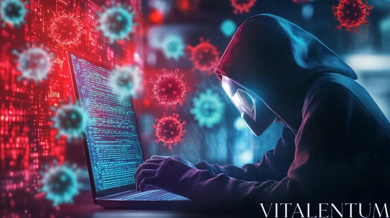 AI ART Hooded Hacker with Virus Symbols