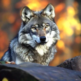 Gray Wolf in Fall Foliage