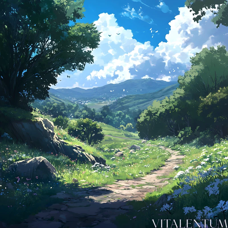 Tranquil Meadow Pathway and Scenic Mountains AI Image