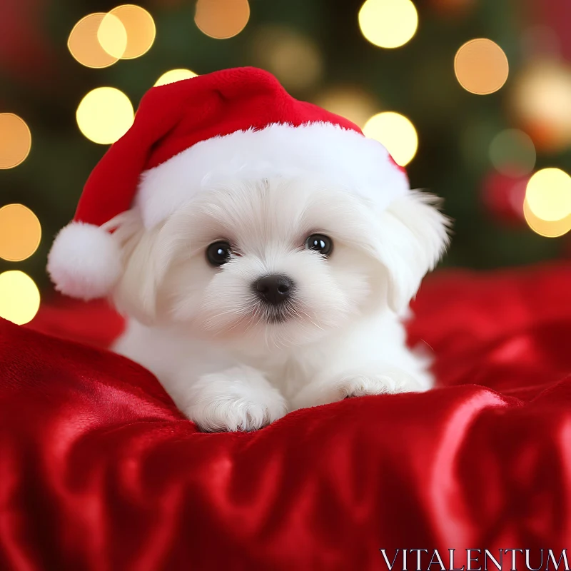 Adorable Puppy in Santa Hat on Red Blanket with Festive Lights AI Image