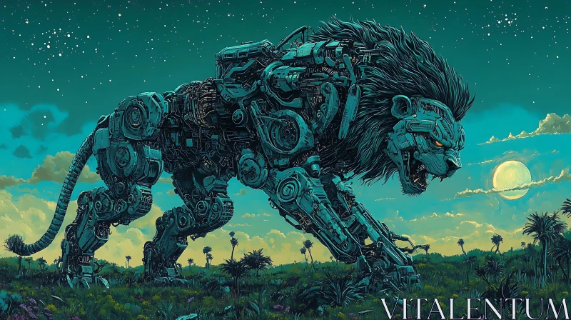 Cyborg Lion Walking Under the Moon AI Image