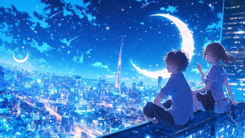 Romantic Anime Night - Moonlit Cityscape