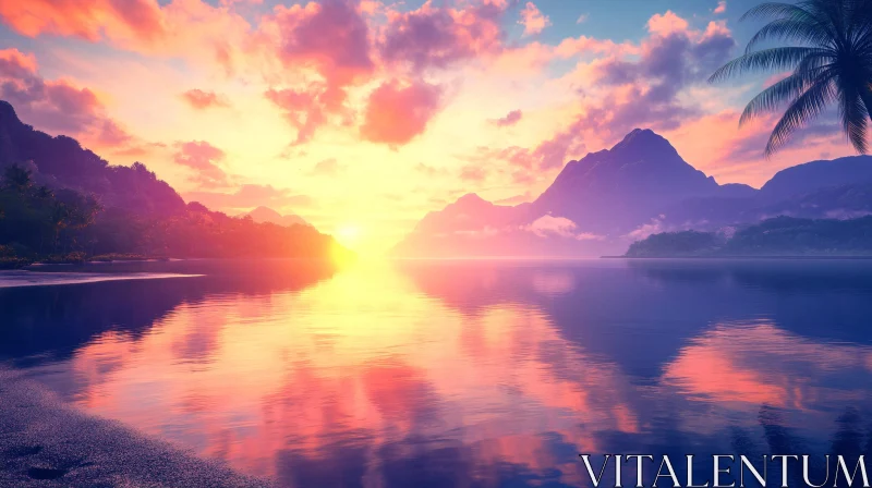 Peaceful Sunset with Majestic Mountain and Sandy Shore AI Image