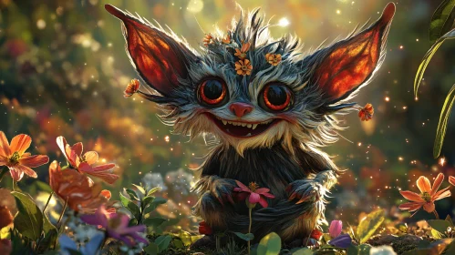 Magical Creature with Flowers in Sunlit Garden