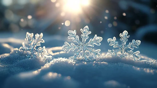 Intricate Snowflakes on Fresh Snow in Winter Sun