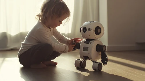 Curious Child Plays with Modern Robot Under Soft Sunlight